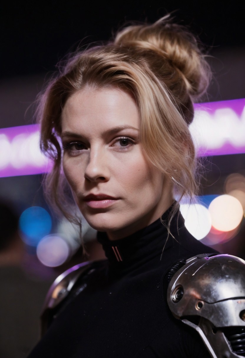 score_9, score_8_up, score_7_up, cyborg, ar3na1989, Kodak Motion Picture Film Style, 1girl, blonde hair, (neon purple light), updo hair, bounty hunter, (bokeh), sci-fi, dark atmosphere, moody, cybernetic implants, aesthetic,