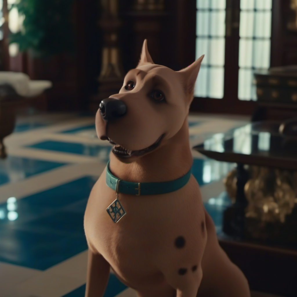 cinematic photo a dog with a collar in a mansion <lora:ScoobyDoo1024:0.8> . 35mm photograph, film, bokeh, professional, 4k, highly detailed