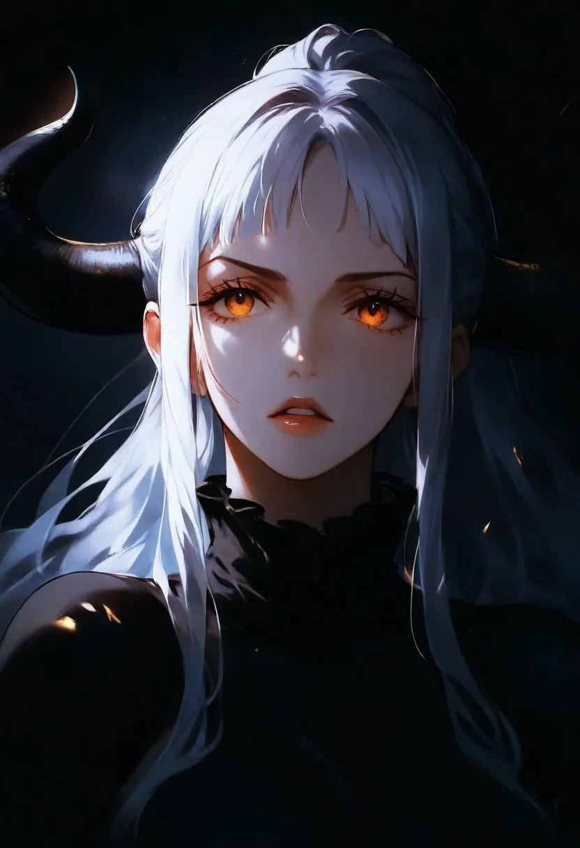 1girl, Yamato, one piece, solo, dark, light, masterpiece, best quality, very aesthetic, close up, white hair, horns, parted lips