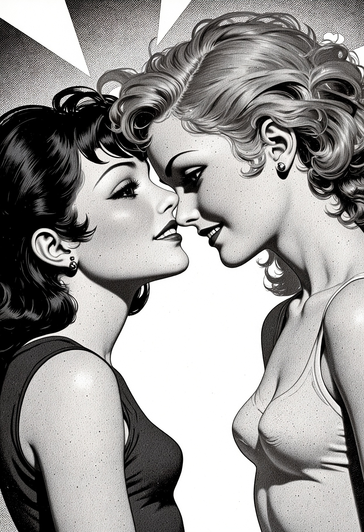 a mind-bending and striking vintage illustration. A greyscale, monochromatic, extreme close-up of two girls in profile, in a dutch angle, a dynamic and skewed perspective. They are close and leaning in, their faces together and against each other, looking at the other with a warm smile, and a mesmerizing gaze. Seductive and alluring, one has black hair, and the other has grey hair, their 1960s hairstyle tussled and messy. The image has an halftone texture pattern with a grainy texture, and abstract geometric gradients dapple the background.
<lora:vintage-women-illustration-v1:0.8>