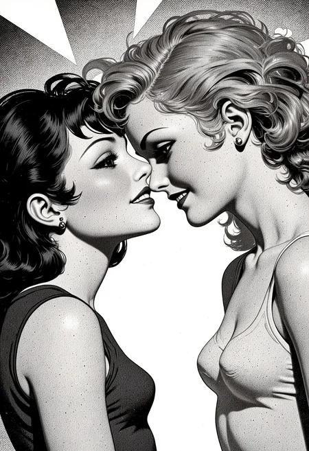 a mind-bending and striking vintage illustration. A greyscale, monochromatic, extreme close-up of two girls in profile, in a dutch angle, a dynamic and skewed perspective. They are close and leaning in, their faces together and against each other, looking at the other with a warm smile, and a mesmerizing gaze. Seductive and alluring, one has black hair, and the other has grey hair, their 1960s hairstyle tussled and messy. The image has an halftone texture pattern with a grainy texture, and abstract geometric gradients dapple the background.
<lora:vintage-women-illustration-v1:0.8>