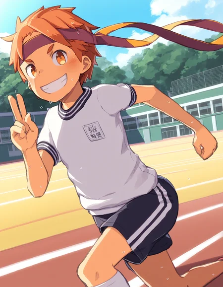 best quality, steelwire-style, outdoors, track and field, school, 1boy, solo, orange hair, orange eyes, smile, gym uniform, gym shirt, gym shorts, ribbon headband, running, peace sign  <lora:steelwire_naiXL_v1Nd-ShoAI:1>