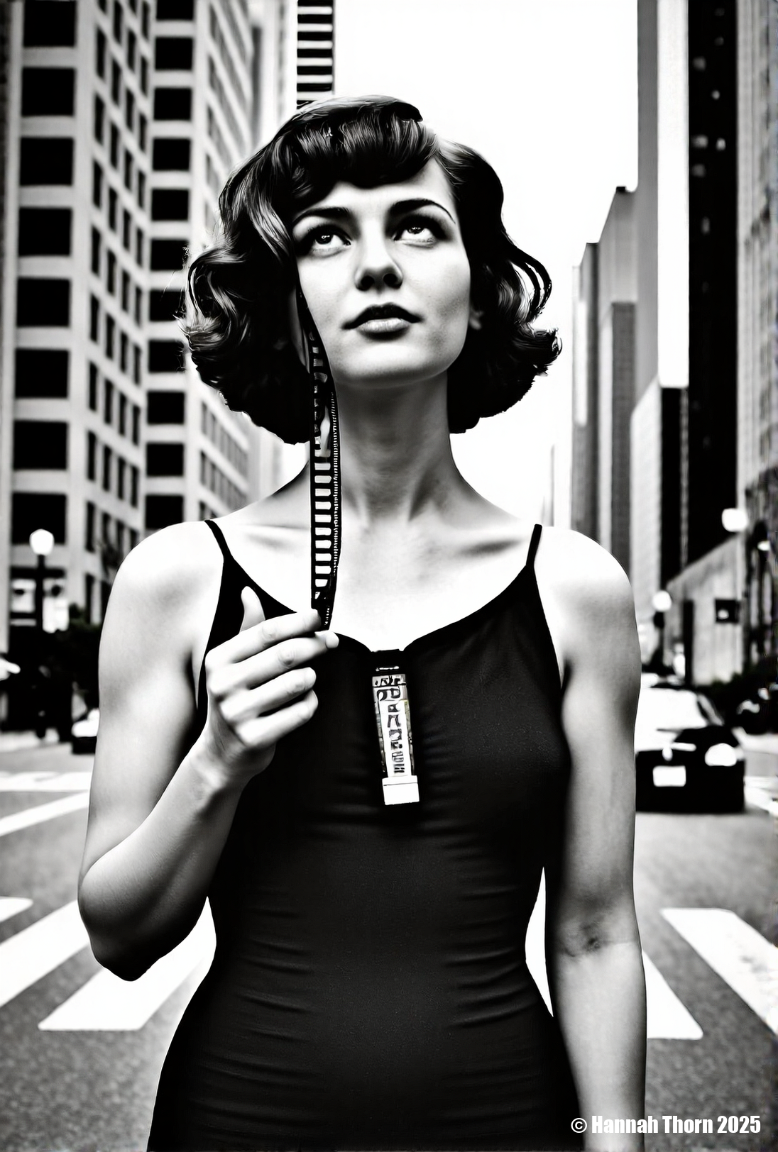 A realistic black and white photograph of a young beautiful brunette woman standing on a city street, wearing a black v-neck dress, with short curly hair, holding a cigarette in her hand, looking up at the sky, with tall buildings in the background, cars driving on the street, street signs on the buildings, daytime, medium shot, detailed face, realistic skin texture, film grain, high resolution, natural lighting, dramatic shadows, shot with a Leica camera, 50mm lens, f/2.8 aperture, 1/250 shutter speed, ISO 200, shot on Kodak Tri-X 400 film., <lora:_Flux\_Photographer\Helmut_Newton-000001.safetensors:0.8300000000000002:0.8300000000000002> <lora:_Flux\_Skin_Appearance\detailifier_flux-000006.safetensors:0.8300000000000002:0.8300000000000002> <lora:_Flux\_Skin_Appearance\Old_Beauty.safetensors:0.7500000000000001:0.7500000000000001>, A stunning black and white portrait of a young woman, her face partially obscured by a strip of 35mm film. The film runs vertically, bisecting her face, with the individual frames visible and adding an intriguing layer to the composition. Her expression is serene, eyes gazing slightly off-camera, framed by dark, wavy hair. The lighting is soft and diffused, creating subtle shadows that accentuate her features. The background is a soft, out-of-focus white, drawing attention to the subject. The overall mood is artistic and contemplative, evoking a sense of classic Hollywood glamour. The image is reminiscent of vintage photography, with a timeless quality. The contrast between the smooth skin and the textured film adds visual interest. The composition is simple yet effective, creating a captivating and memorable image., <lora:_Flux\_Photographer\Helmut_Newton-000001.safetensors:0.8300000000000002:0.8300000000000002> <lora:_Flux\_Skin_Appearance\detailifier_flux-000006.safetensors:0.8300000000000002:0.8300000000000002> <lora:_Flux\_Skin_Appearance\Old_Beauty.safetensors:0.7500000000000001:0.7500000000000001><lora:_Flux\_Photographer\Helmut_Newton-000001.safetensors:0.8300000000000002:0.8300000000000002> <lora:_Flux\_Skin_Appearance\detailifier_flux-000006.safetensors:0.8300000000000002:0.8300000000000002> <lora:_Flux\_Skin_Appearance\Old_Beauty.safetensors:0.7500000000000001:0.7500000000000001>