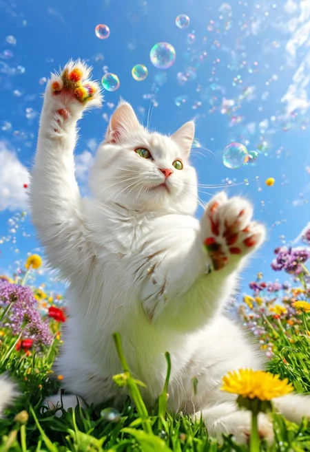 close up shot, fuzzy cute white cat playing with dandelions, paw pads, rainbow claws, rainbow, sunshine, uplifting atmosphere, (bubbles), view from below