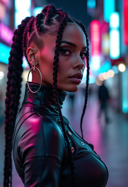 A striking woman with intricate braided hair, undercut hairstyle, and hoop earrings, dressed in a high-collared, futuristic outfit, standing against a vibrant, neon-lit cityscape, ultra-realistic textures, ultra-high definition, photorealistic, highly detailed skin texture, intricate hair braids, detailed lighting, realistic reflections, sharp shadows, cinematic quality, dynamic composition, expressive eyes, perfect complexion, vibrant colors, realistic urban background
