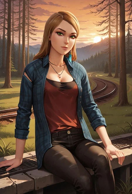 safe_pos, masterpiece, best quality, BREAK, 1girl, rachelalis, solo, blonde hair, necklace, feather earring, green eyes, blue flannel shirt, red camisole, jeans, cleavage, perky breasts, train tracks, woods, forest, sunset, orange lighting, sitting, one leg up, relaxing, looking at viewer, detailed scenery