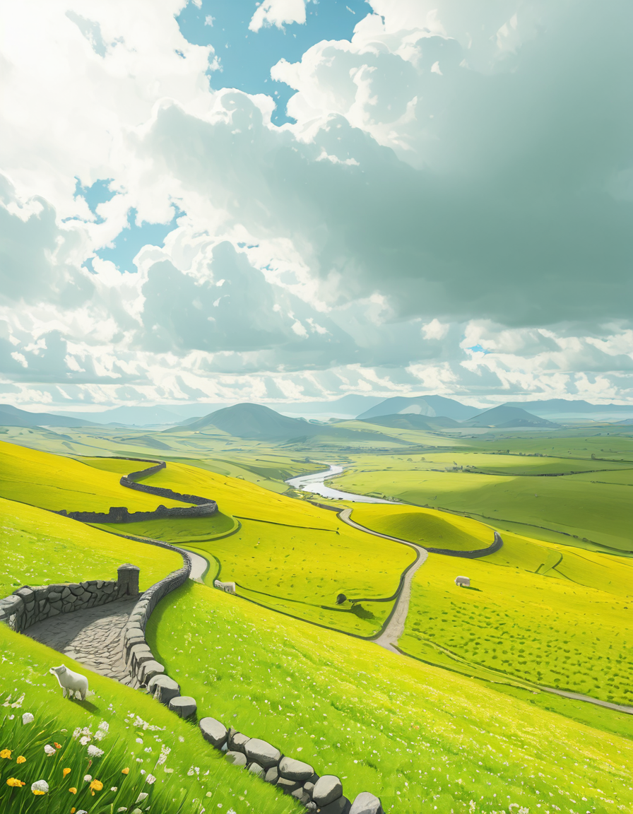 A breathtaking, high-resolution photograph of the rolling plains of Ireland, stretching endlessly under a vast, cloud-streaked sky. The landscape is a lush, vibrant green, with gentle hills covered in soft grass and dotted with scattered wildflowers. Ancient stone walls and winding dirt paths cut through the fields, marking old farmland boundaries. In the distance, a few solitary sheep graze peacefully, their white wool contrasting against the emerald grass. A small, clear river meanders through the valley, reflecting the soft light of the sky. The horizon is framed by low, misty mountains, adding depth and mystery to the scene. Above, the sky is a mix of bright blue and fluffy white clouds, casting dynamic shadows across the landscape as beams of sunlight break through. The atmosphere is serene, timeless, and rich with the natural beauty of the Irish countryside.
<lora:SDXLFaeTastic2400:0.4> <lora:extremely_detailed:0.4> extremely detailed,rolling plains of 1r3l4nd, <lora:rolling_plains_of_1r3l4nd-i:1>, Masterpiece,best quality,hi res,8k,hi res,8k,award winning,(sharp focus, intricate, highly detailed),