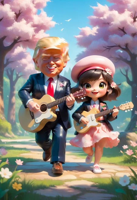(masterpiece),(best quality),(ultra-detailed), (full body:1.2), 1Trump ,chibi,cute, smile, open mouth, flower, outdoors, playing guitar, music, beret, holding guitar, jacket, blush, tree, :3, shirt, short hair, cherry blossoms, green headwear, blurry, brown hair, blush stickers, long sleeves, bangs, headphones, black hair, pink flower, (beautiful detailed face), (beautiful detailed eyes), <lora:blindbox_v1_mix:1>,