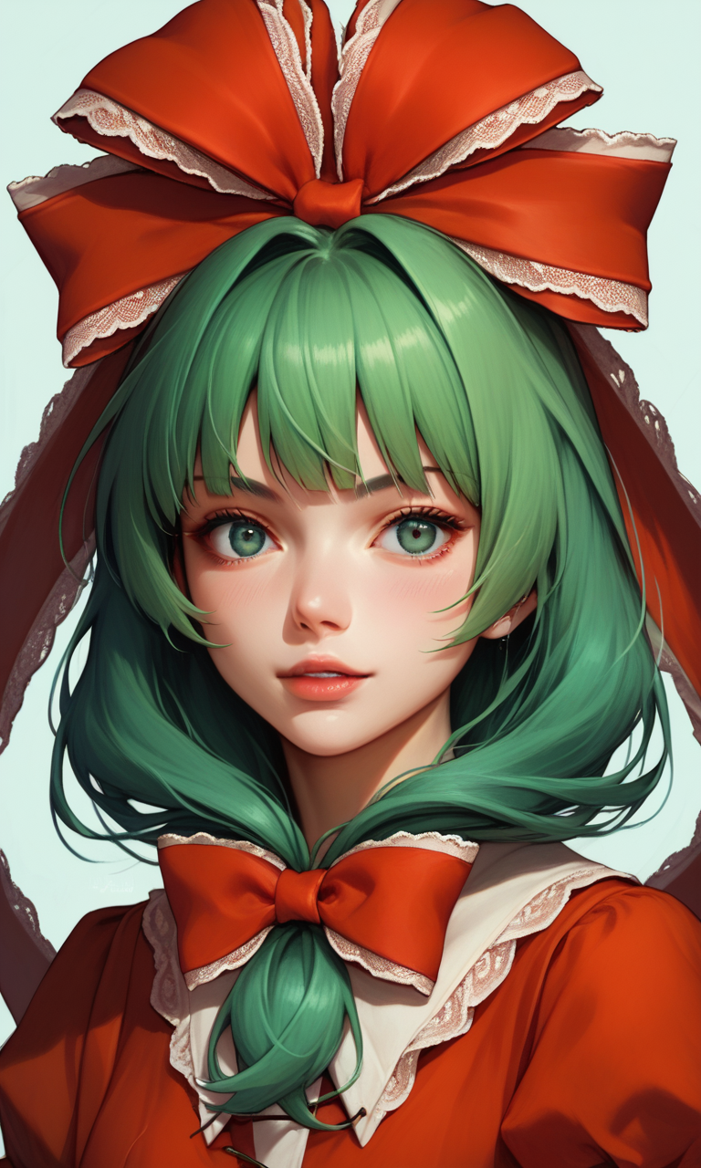 score_9, score_8_up, score_8, score_9, 1 girl,  source_anime, kagiyama hina, green hair, green eyes, ribbon, bow, lace trim, hair bow, <lora:hina_pony-10:1>, portrait,  <lora:vixon_detailed_style:0.8> d3t41l3d, red ribbon, red dress