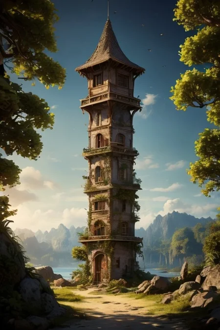 realistic analog photo, award winning photo, vary wide shot of stone witow tower:1.3, (Military watchtower), beach, dirt road, nature, outdoors, RAW, highres, 8k, uhd, High Dynamic Range, tonemapping, crisp details, no humans, palm tree, plant, rock, scenery, shore, sky, summer, sunlight, tree