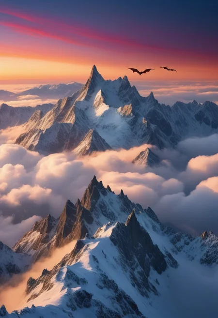 photograph Herd of dragons flying over clouds and snowy mountain peak at sunrise