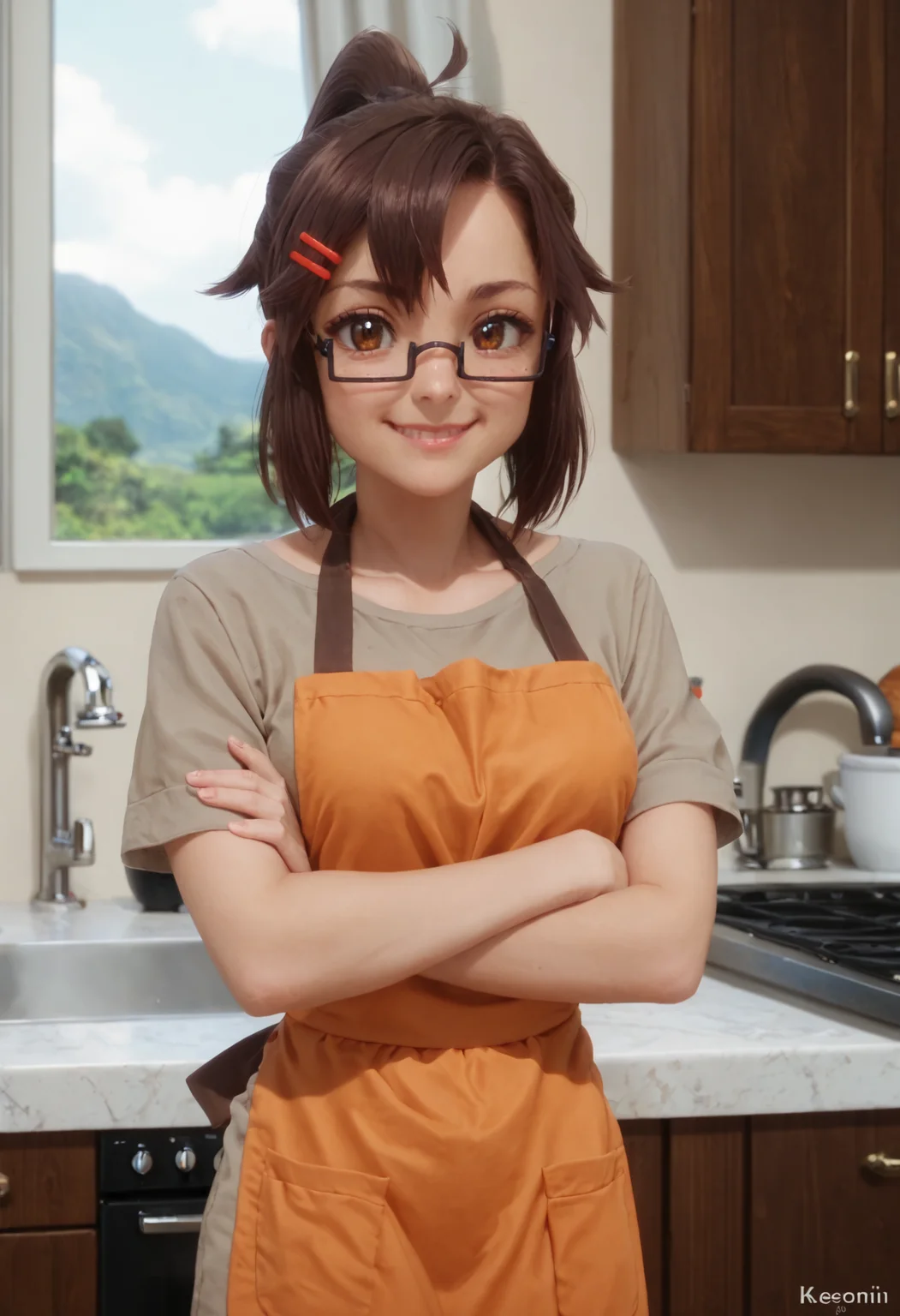 score_9, score_8_up, score_7_up, realistic
1girl, cowboy shot, indoors, kitchen, window, looking at viewer, crossed arms, smile
<lora:Koenji-750:1>
koenji, glasses, red hairclip, high ponytail
brown t-shirt, orange apron