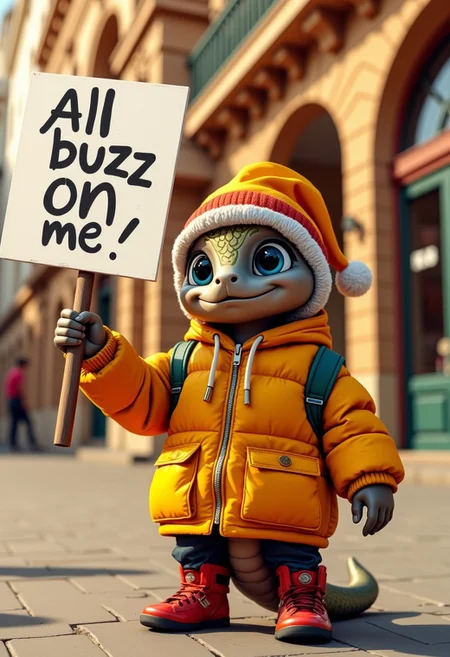An anthropomorphic 3D rendering of a cute snake looking like 2pac shakur wearing gangsta rap gear holding up a protest sign that says "All buzz on me"
