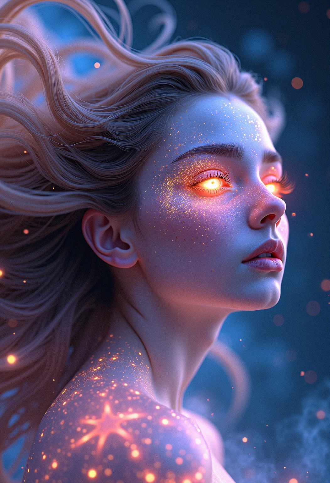 an ethereal star child with eyes and face glowing like galaxies, surrounded by swirling, vibrant cosmic colors, ultra-detailed and photorealistic rendering, soft ambient lighting, starry nebulae in the background, dynamic and radiant color gradients, glowing reflections, cinematic composition, surreal and otherworldly atmosphere, intricate facial features, flowing hair infused with cosmic energy, luminous and ethereal, celestial radiance, soft yet detailed textures, otherworldly beauty


