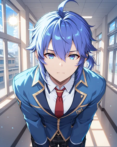 masterpiece, best quality, absurdres, very aesthetic,
1boy, solo, yaoi, male focus,
looking at viewer, cowboy shot,
<lora:Ronan_Evolution_ilxl:1> ronanevolution, ponytail, blue hair, ahoge, hair between eyes, blue eyes,
school uniform, white shirt, collared shirt, blue jacket, red necktie, black pants, plaid pants,
indoors, school, hallway, window, day, sun,