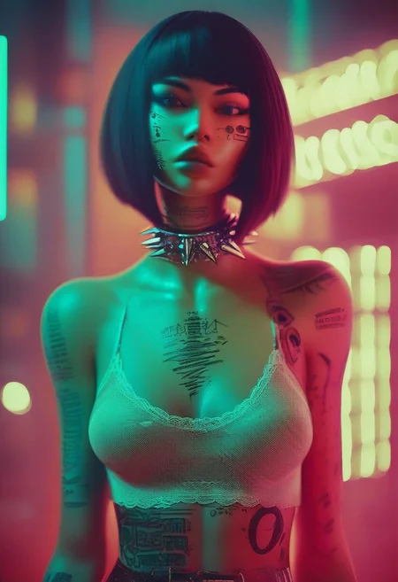 score_9, score_8_up, score_7_up, score_6_up, NEOST, 1girl, bob cut hair, black hair, bangs, dark eyes, facial tattoo, lace top, medium conical breasts, multiple necklaces, spiked choker, multiple tattoos on arms, extra-puffy lips, standing, looking at the viewer, indoor, blurry background, green and orange neon lights, detailed, multiple tattos on chest, could be a prostitute or a hipster