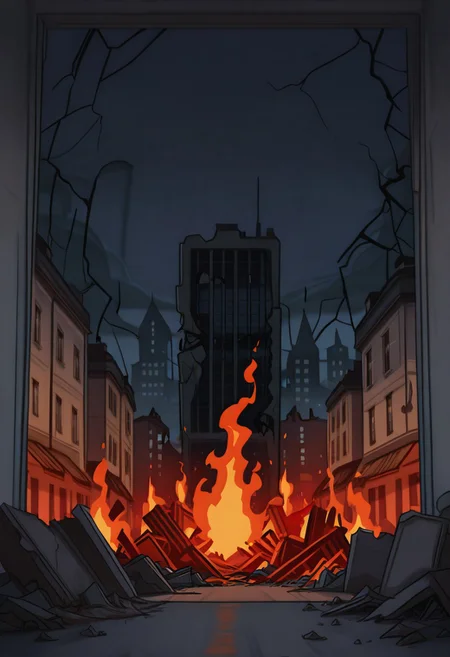masterpiece, best quality,
<lora:Inusen:1>
1n0s3n, nobody on screen, city destroyed background, drawned in inusen style, night, lots of buildings destroyed, lots of flames, dutch angle of an exterior corridor from a apartment building