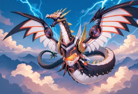 (score_9:0.9),score_8_up,score_7_up,rating_safe,(zPDXL3),
<lora:Cyber Dragon Infinity ponyXL v1.12:0.74>,
cyber dragon infinity, solo, open mouth, scales, blue theme, flying, electricity, spikes, glowing, cloud, blue lightning, sky, mecha dragon, full body, spread wings, red glowing mecha eyes