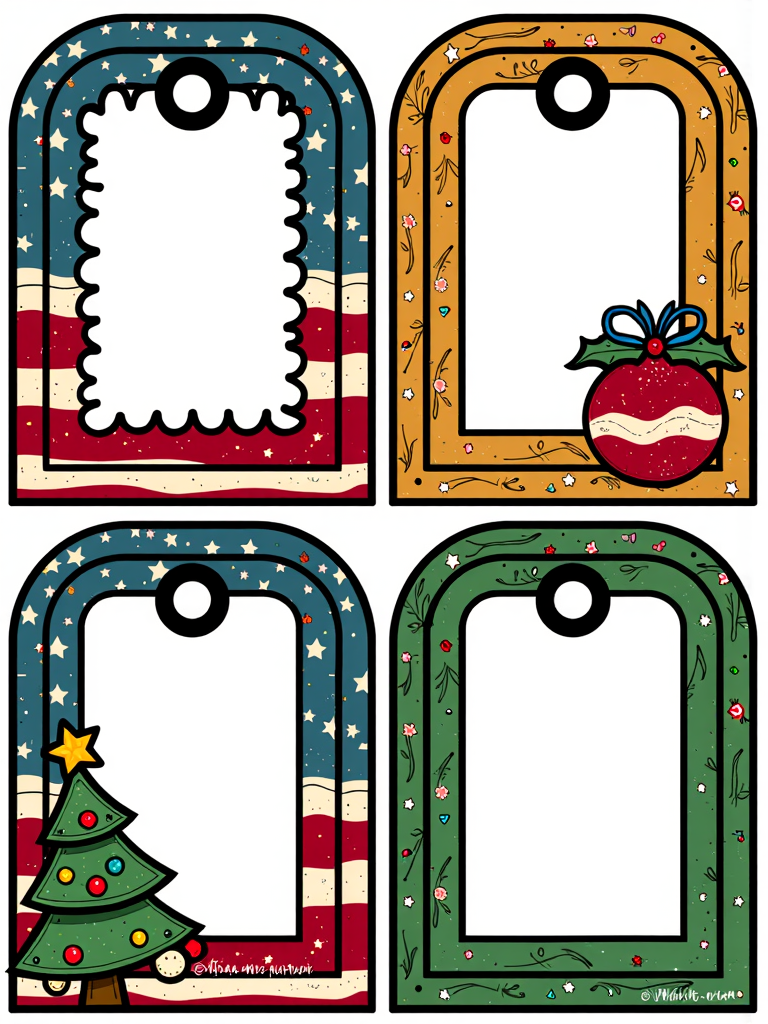 Christmas Label Tags 4x2 grid layout, lines, colorful christmas frames with a christmas icon on the side. No text. White background.
<lora:ChristmasLabelsFlux:0.9>