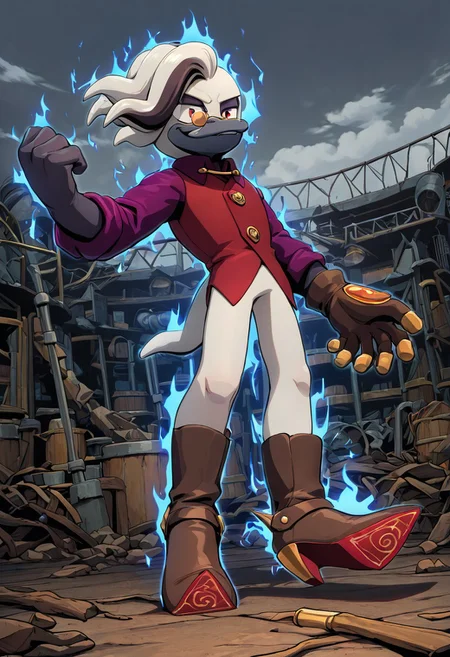 masterpiece, best quality, amazing quality, high detail, absurdres, Doctor Starline, 1boy, male, solo, slender, pince-nez, webbed brown glove, glove on the left hand, Tricore, purple shirt with golden cufflinks, red-violet vest, brown boots with golden buckles, red-violet soles, medium-high heels, Heel Spur, upward-turned pointy toes, dynamic pose, blue aura around body, scrap yard, factory, gray sky, clouds