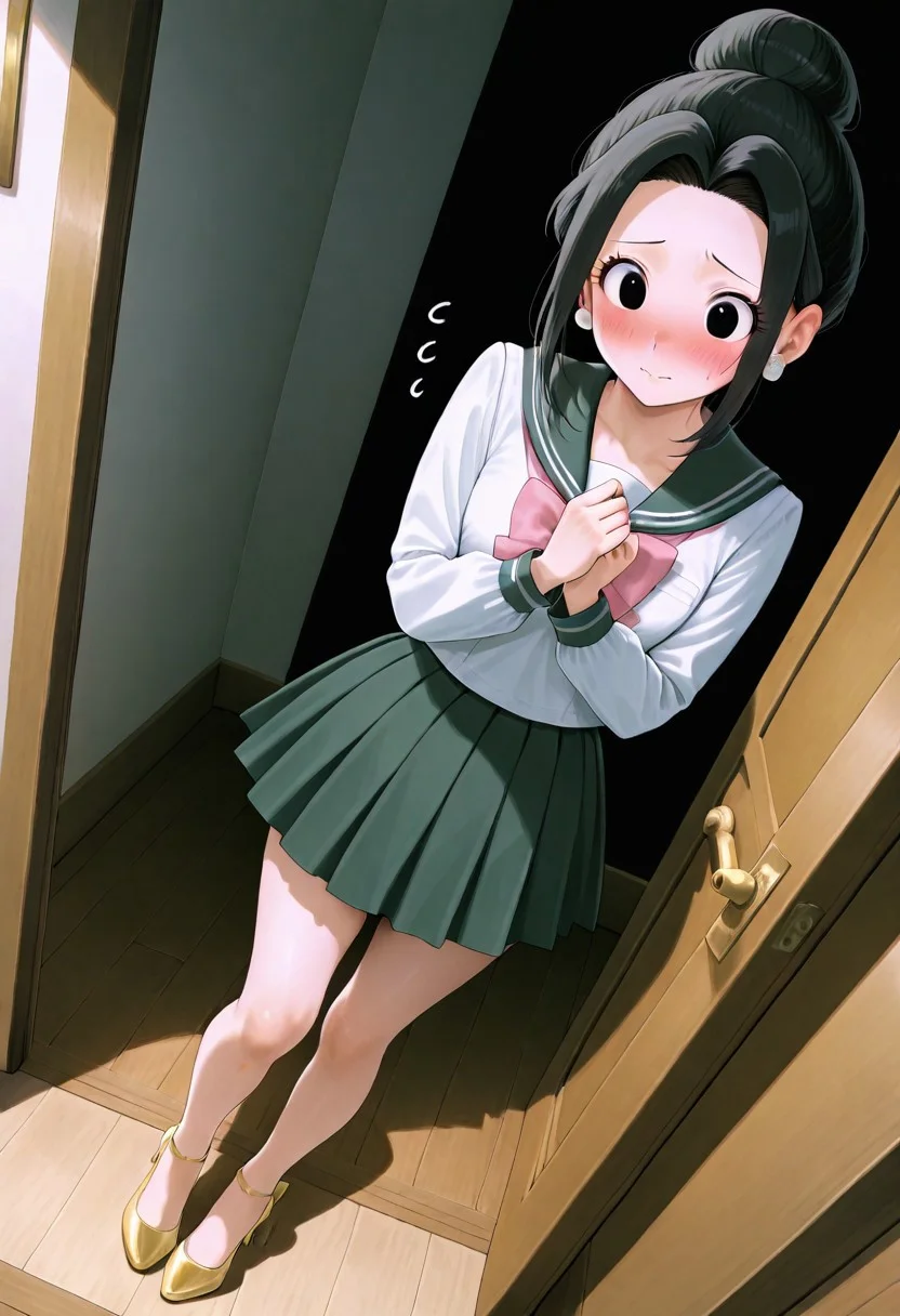 Chichi, detailed_painting, black_hair, hair_bun, sidelocks, black_eyes, serafuku, bow, yellow high_heels, pearl_earrings, bedroom_doorway, dynamic angle, standing, bashful, shy, embarrassed, long shadows, back_lighting, soft lighting,