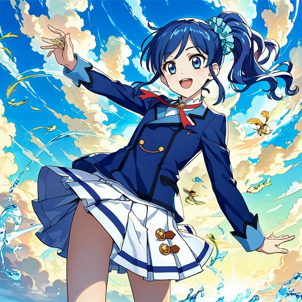 score_9, score_8_up,score_7_up,game cg,official art, uncensored, convenient censoring, covering privates,
rating_safe,
modeling, expressive hair, expressive clothes, dutch angle,wind
laughing, floating, 
from below, blue sky,summer,backlighting, blue background, perspective, 
kiriya aoi, blue hair,   side ponytail, long hair,hair scrunchie,   blue scrunchie,              , <lora:aoinesan:0.8>,starlight academy school uniform,,blue jacket,white skirt