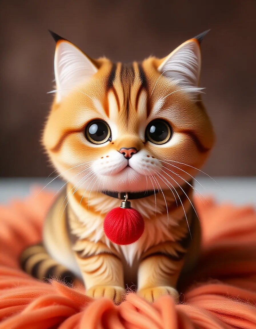 small zhibi cat, cute, with red ball of wool <lora:zhibi_flux:1>
