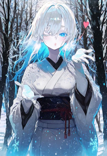 masterpiece, best quality, good quality, very awa, newest, highres, absurdres,
1girl, solo, milf, mature female, Yukinoshita Yukino, yuki onna, outdoors ,snow-covered forest, pale skin, detailed lips, glossy lips, long silver hair,bang cover eye, glowing blue eyes, white kimono, snowflakes swirling, wind lifting hair and fabric, icy breath ,blue glow,snow fall,slash,obi, blizzard,silhouette,<lora:blowing-kiss-illustriousxl-lora-nochekaiser:1>, blowing kiss, pucked lips, heart, one eye closed, o3o, looking at viewer, hand up
limited palette, h4ra_illu <lora:illustriousXL_stabilizer_v1.23:0.3> <lora:NOOB_vp1_detailer_by_volnovik_v1:0.3> <lora:ponyv6_noobE11_2_adamW-000017:0.3> <lora:114558v4df2fsdf5:0.7> <lora:XXX667:0.4> <lora:mon_monmon2133:0.7> <lora:hara_id_21:0.6>