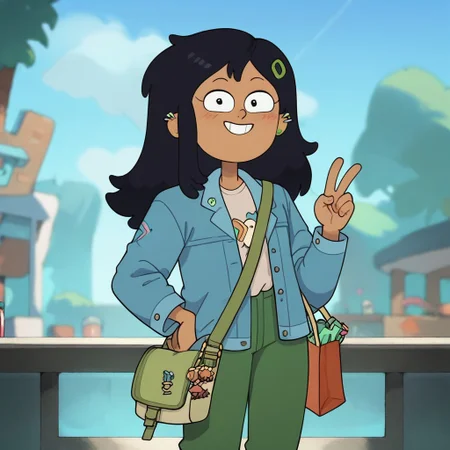 Depth of field.score_9_up, score_8_up, score_7_up, 1girl, Marcy Wu,Long black hair, light blue jackect, green pants, bag, green hairclip, dark-skinned, ear piercing, wide hips, hand on hip, peace sign, smile, solo