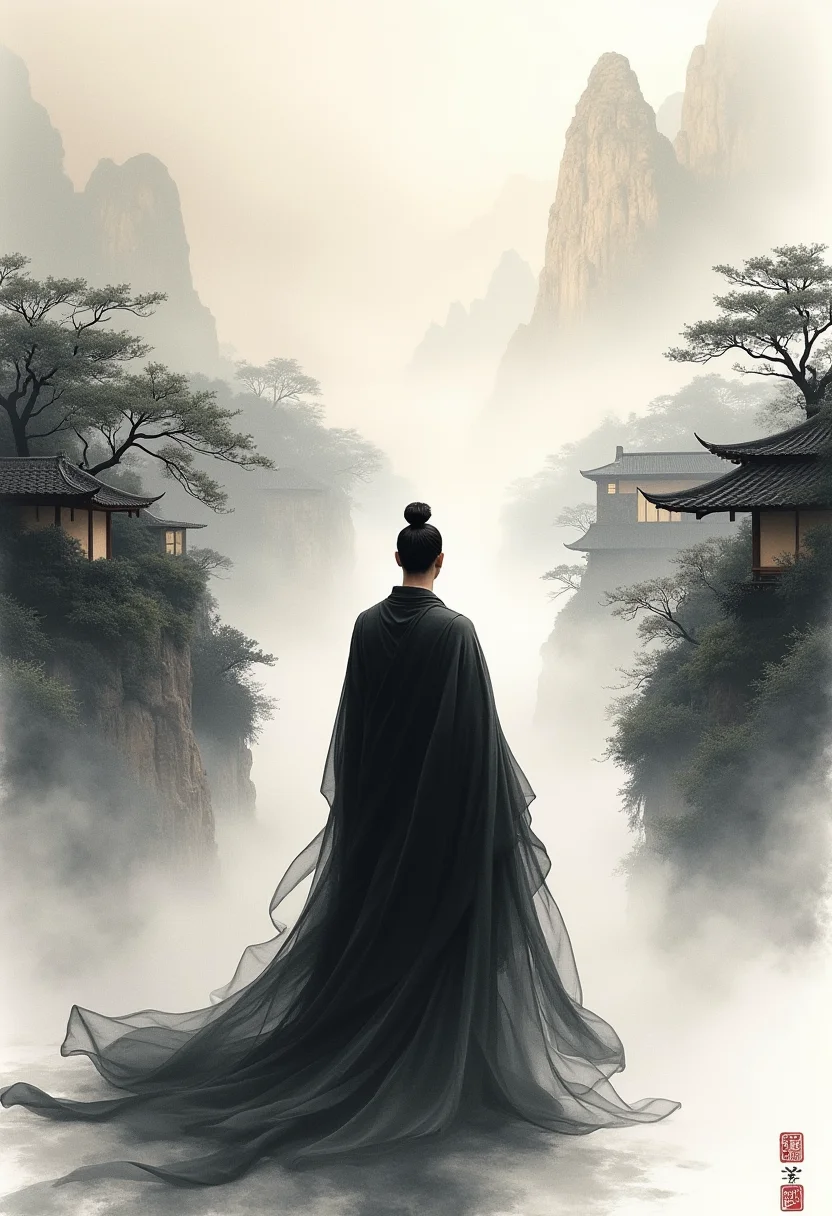 Witness a profound moment of serene elegance, portrayed in an ink wash painting style. Within a graceful Asian landscape overflowing with serene beauty and traditional houses, there stands a single figure of quiet power. Every stroke of the brush, echoing ancient artistry, conveys the dignified presence of this esteemed individual, capturing every fluid movement and striking feature with careful precision. An atmospheric palette of deep blacks and soft grays merges seamlessly, embodying the tranquil energy that pervades both figure and setting alike. The paper appears alive with delicate ink swirls and glimmering reflections, enhancing the poised poise and silent strength radiating from the figure. The landscape envelops him as one with nature itself, embodying an enduring bond between man and ancestral heritage.