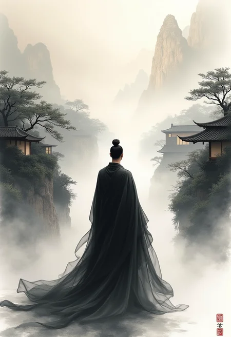 Witness a profound moment of serene elegance, portrayed in an ink wash painting style. Within a graceful Asian landscape overflowing with serene beauty and traditional houses, there stands a single figure of quiet power. Every stroke of the brush, echoing ancient artistry, conveys the dignified presence of this esteemed individual, capturing every fluid movement and striking feature with careful precision. An atmospheric palette of deep blacks and soft grays merges seamlessly, embodying the tranquil energy that pervades both figure and setting alike. The paper appears alive with delicate ink swirls and glimmering reflections, enhancing the poised poise and silent strength radiating from the figure. The landscape envelops him as one with nature itself, embodying an enduring bond between man and ancestral heritage.