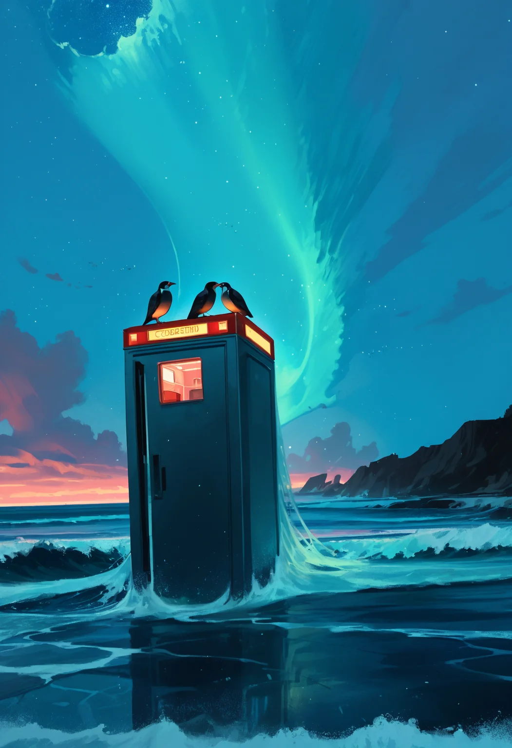 score_9, score_8_up, score_7_up, score_6_up, score_5_up, score_4_up,
<lora:ScenicHorizonsV3.1:1> sc3n1ch0r1s0ns,
phone booth, ((sky)), cloud, water, night, bird, glowing, ocean, animal, beach, star, night sky, scenery, starry sky, horizon, penguin, waves, surreal, aqua theme