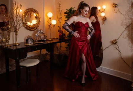 An elegantly lit dressing room with soft, ambient lighting. At the center of the scene, Isla stands poised in front of a full-length ornate mirror, adjusting the hem of a luxurious deep red velvet gown. The gown is fitted through the bodice, with long, sheer sleeves embroidered with intricate lace, and its flared skirt gently sweeps the floor. Her reflection shows her serene yet determined expression, with her vibrant red hair styled in soft waves cascading down her back.  
The subtle interplay of textures is highlighted: the rich velvet of the dress, the delicate lace of the sheer stockings visible through the high slit, and the gleaming black satin of her stiletto heels. On a nearby vanity, a pair of lace gloves and a diamond-encrusted bracelet glint faintly under the warm light.  
The backdrop is luxurious yet understated: a dark mahogany dressing table adorned with a brass candelabra, an antique perfume bottle, and steampunk-inspired decor such as small gears and brass accents scattered throughout the room. The atmosphere is one of poised anticipation, as if Isla is preparing for a night of elegance and intrigue.