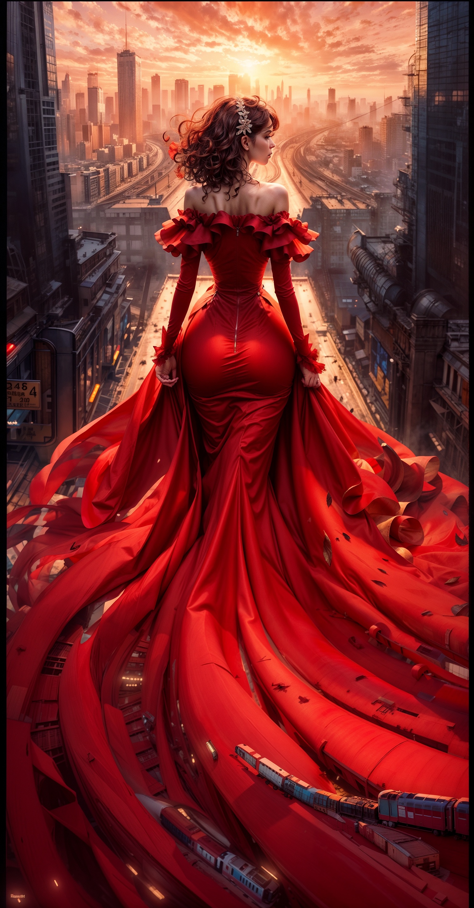 woman in red dress standing on a ledge overlooking a city, stunning digital illustration, cgsociety masterpiece, stunning cgsociety, cgsociety contest winner, cgsociety contest winner, beautiful digital artwork, ross tran 8 k, red dress, cgsociety contest winner!!!, karol bak uhd, 