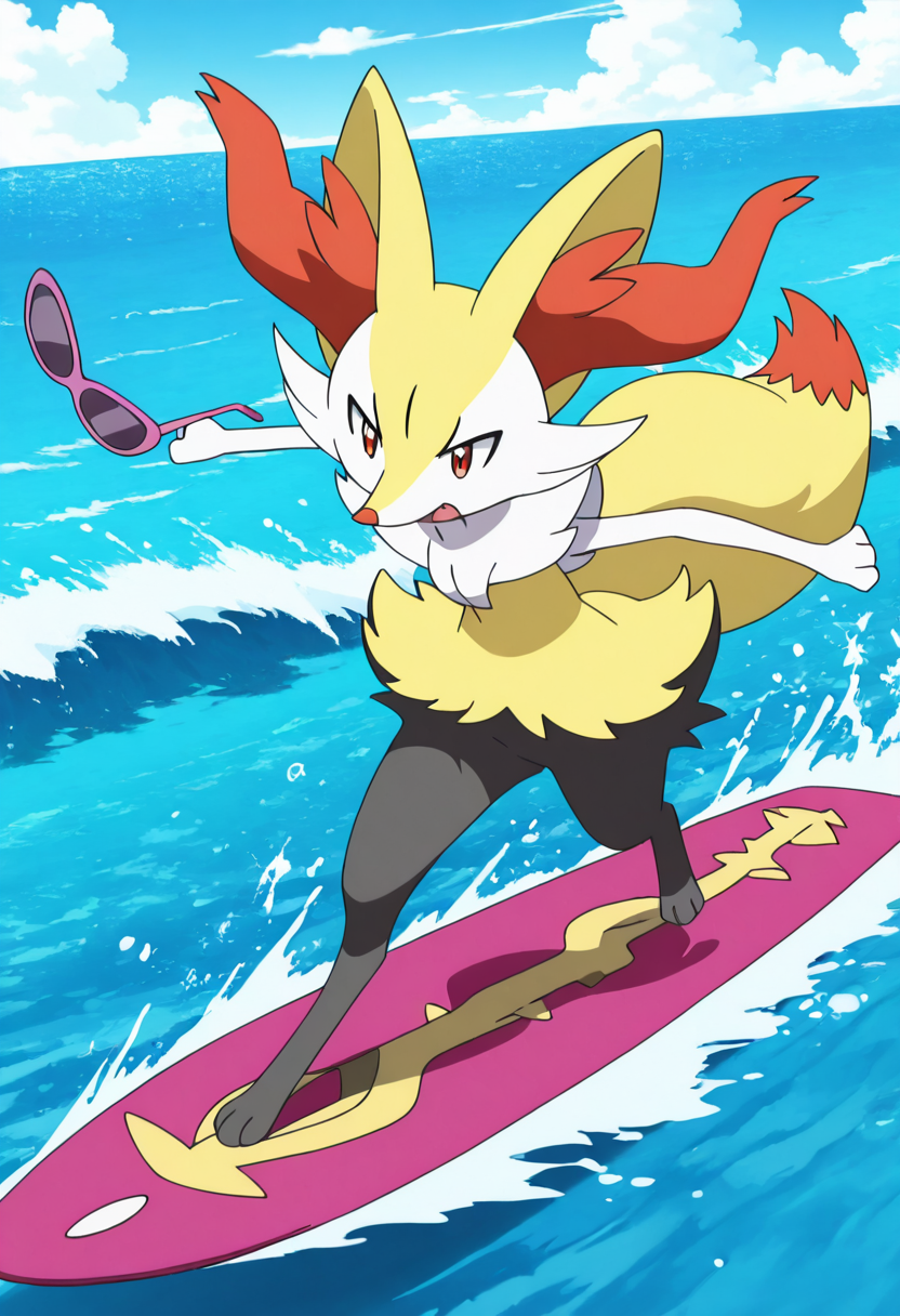 masterpiece, best quality, anime screencap,  zzBraixen, surfing, ocean, sunglasses,     ,<lora:BraixenPokedex_IXL:1.0>,