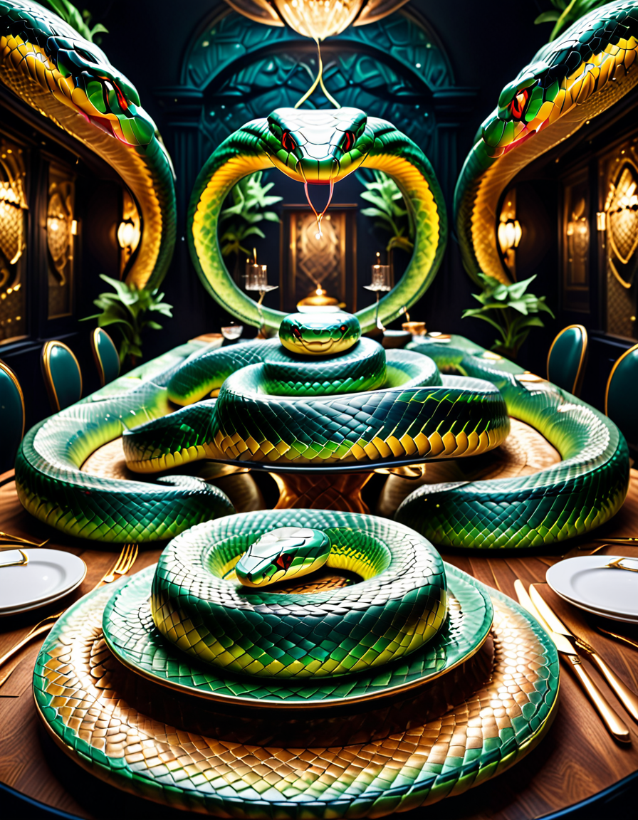 "An immersive banquet table covered with synthetic snake-scale tablecloth, plates and cutlery resembling organic, subtly moving snake forms, surreal dishes designed to look like serpentine shapes, blending grotesque and appetizing, hyperrealistic textures and details, eerie yet elegant atmosphere with dramatic lighting, provoking reflection on food and nature, mysterious and philosophical vibe." <lora:SDXLFaeTastic2400:0.4> <lora:extremely_detailed:0.4> extremely detailed, <lora:sn4ke:1>,sn4ke, Masterpiece,best quality,hi res,8k,hi res,8k,award winning,(sharp focus, intricate, highly detailed),