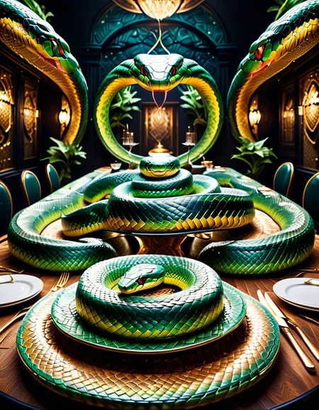 "An immersive banquet table covered with synthetic snake-scale tablecloth, plates and cutlery resembling organic, subtly moving snake forms, surreal dishes designed to look like serpentine shapes, blending grotesque and appetizing, hyperrealistic textures and details, eerie yet elegant atmosphere with dramatic lighting, provoking reflection on food and nature, mysterious and philosophical vibe." <lora:SDXLFaeTastic2400:0.4> <lora:extremely_detailed:0.4> extremely detailed, <lora:sn4ke:1>,sn4ke, Masterpiece,best quality,hi res,8k,hi res,8k,award winning,(sharp focus, intricate, highly detailed),