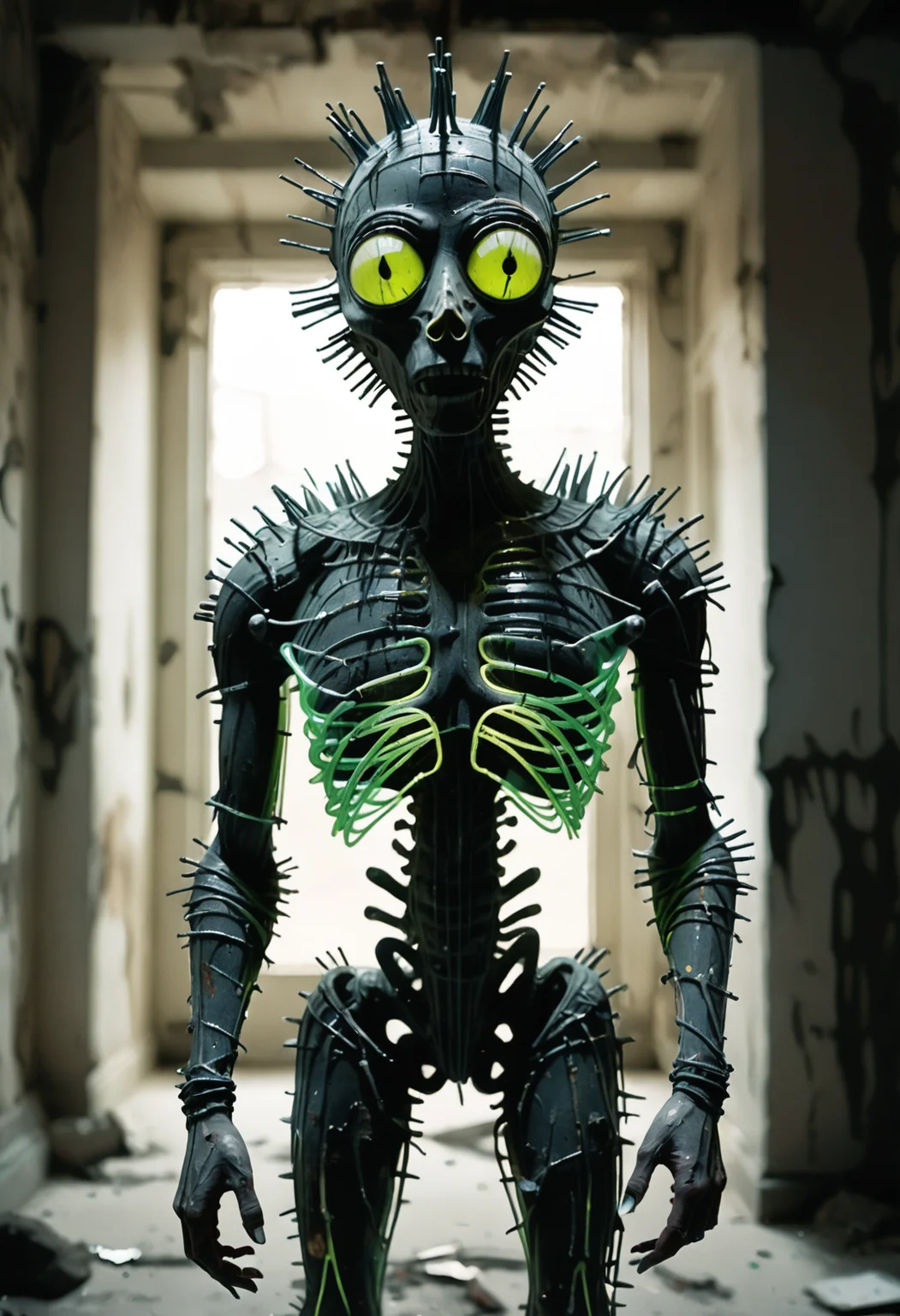 <lora:World_of_Filaments:0.8> w0f1l, made of neon glass filaments, person standing in a dark room. The person is wearing a mummy-like costume with a round head that is covered in spikes. The head has two large, round eyes that are protruding from the top. The spikes are arranged in a spiky manner, giving the person a menacing appearance. The background is blurred, but it appears to be an old, dilapidated building with peeling paint and crumbling walls. The overall mood of the image is eerie and eerie.