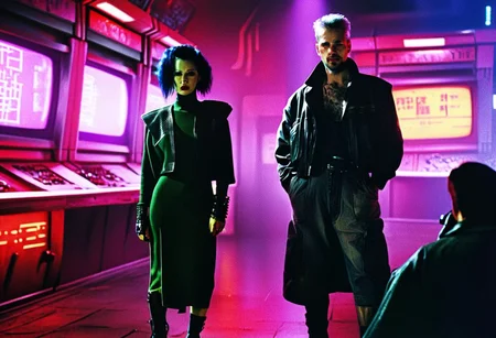 A stunning impactful award winning cibachrome cinematic still, the cast of Neuromancer by Denis Villeneuve, retro, cyberpunk, fashion, style, vintage cinematic scene,