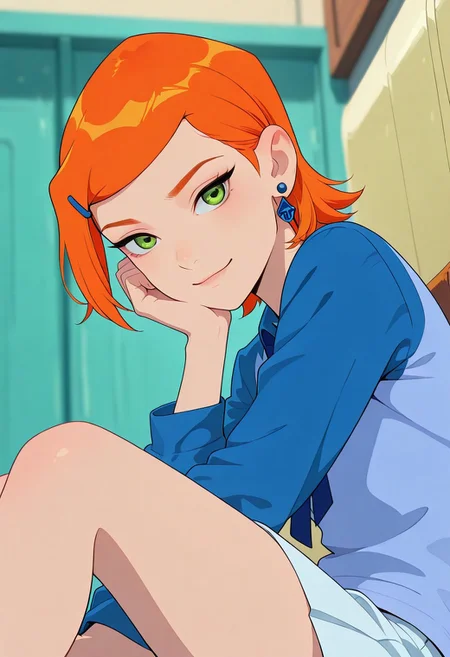 <lora:ck-shadow-circuit-IL:0.78>,
masterpiece, best quality, good quality, very aesthetic, absurdres, newest, 8K, depth of field, focused subject,
 close up, stylized, wabi sabi, 
1girl, Gwen_Tennyson, 1girl, solo, orange hair, short hair, green eyes, earrings, youthful, young, cute,
sultry expression,
school uniform,
looking at viewer, dynamic angle, from below, from side, relaxing,
sitting,
<lora:MoriiMee_Gothic_Niji_Style_Illustrious_r1:0.45>