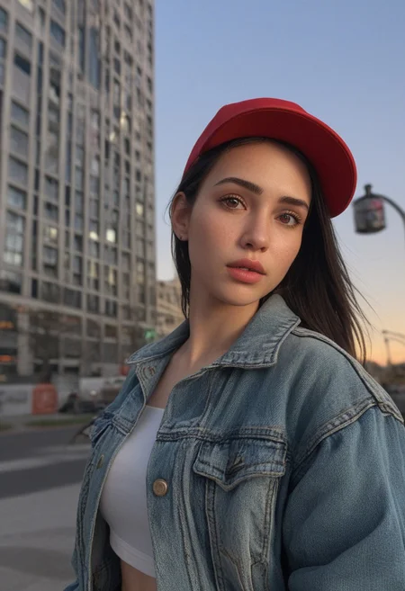 30yo woman posing for pic in front of tall building.
Small eyes. Brown eyes.
Wearing ripped Denim jacket red hat
no makeup. Clear skin. realistic skin style
Long dark black slick back hair. No makeup. Dusk, Street light. Looking at camera POV. Slight smile, tilting head.. Tilt head. Hands in head, face, lips.
Medium Close Up shot. Bokeh. Bokeh light.