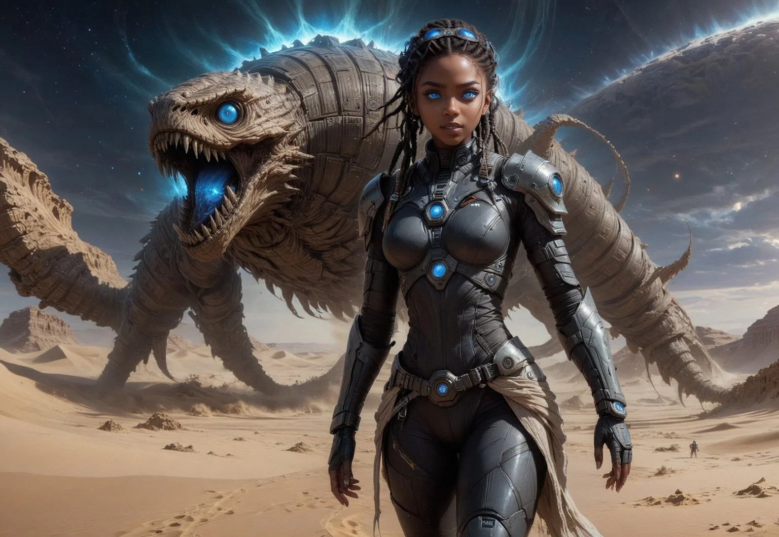 embedding:urn:air:sd1:embedding:civitai:222256@250708, (absurdres, highest quality, very aesthetic, intricate details, masterpiece, award-winning, official artwork, 8k, UHD, HDR:1.3),
(breathtaking November Annabella Nova Terra standing in front of a sandworm during a sandstorm, Nova (StarCraft), gorgeous, (dark skin:1.2), cute face, exotic eyes, (blue eyes, glowing eyes:1.6), full lips, braided crown hairstyle, skindentation, detailed skin shading, looking at viewer, (hero view, dynamic pose, full-body view:1.2)),
futuristic background, sci-fi background, outside backgroudn, orbital view, planetary view,
cinematic scene, sexy pose, hyperrealism, RAW photo, sharp focus,
optical effects, lighting effects, light leaks,
digital painting,
nostromostyleai,
sexyai,
7-dune, sand worm,