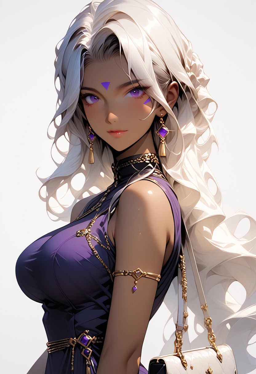 core_9, score_8_up, score_7_up, score_6_up, masterpiece, ultra detailed, best quality, source_anime, Expressiveh, zPDXL, BREAK, 1 girl, (Urd, dark-skinned female), purple dress, large breasts, blue dress, looking at viewer, from front, high heels, white background, simple background, sleeveless, sleeveless dress, jewelry, bracelet, nail polish, holding, bag, bare shoulders, handbag, (upper body focus), (detailed face)