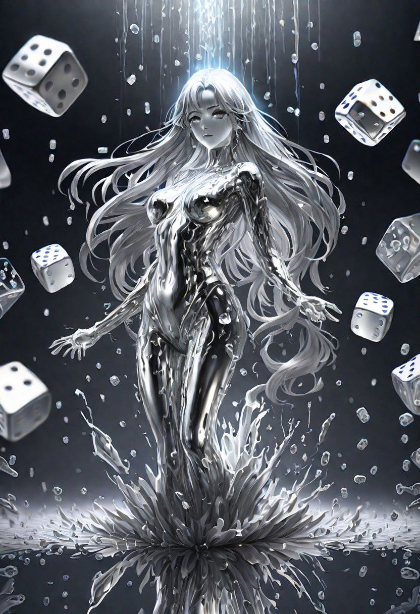 (masterpiece,best quality,ultra-detailed,best illustration:1.3), 1woman,  its raining dice, 1000s of white dice falling from from the clouds, full length metal body, silver liquid metal long hair, casino background,
silver LIQUID METAL