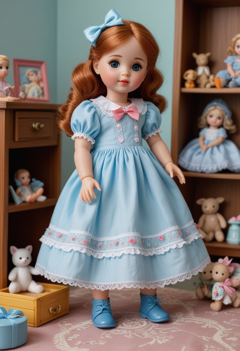 (medium full shot) of (adorable doll)  dressed in a baby blue maxi dress, tiny boots, rosy cheeks, matching bow, playing with toys, located in  a charming party, with quaint decorations, classic music, timeless games, joyful dolls, in the morning, Masterpiece,best quality, photo, realistic, very aesthetic,