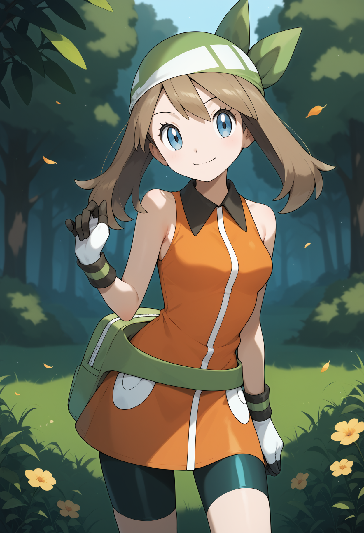 score_9, score_8_up, score_7_up, score_6_up, score_5_up, score_4_up, source_anime, aamay, brown hair, green bandana, blue eyes, breasts, collared dress, sleeveless dress, orange dress, gloves, fanny pack, green belt, shorts under dress, bike shorts, <lora:may_(pokemon)_ponyxl_v1:0.9>, outdoors, field, standing, cowboy shot, smile,