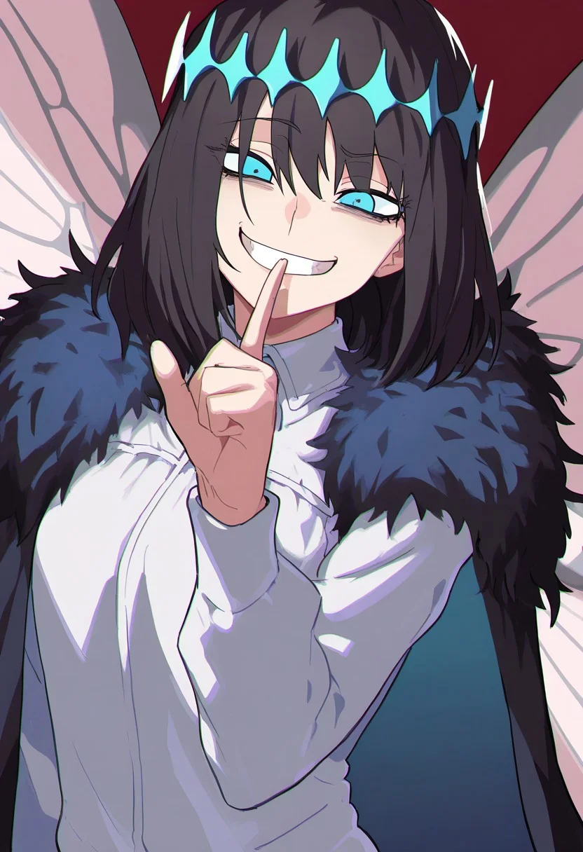 masterpiece, best quality, very aesthetic, high resolution, ultra-detailed, absurdres, newest, extremely detailed eyes, beautiful, perfect lighting, hi res, amazing quality, InHUMN_ST, solo, looking at viewer, smile, bangs, blue eyes, shirt, black hair, long sleeves, 1girl, white shirt, upper body, female focus, wings, collared shirt, medium hair, cape, fur trim, crown, index finger raised, finger to mouth, evil smile, shushing, insect wings, female oberon \(fate\)