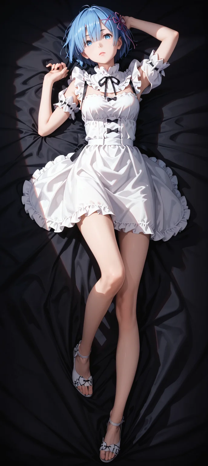 Customer Support zPDXL3,zPDXLpg,source_anime,<lora:PonyDetail:1>,
1girl,solo,<lora:Rem:0.8>,(rem:0.8),short hair,blue hair,blue eyes,hair ornament,ribbon,full body,lying,on back,(posing:1.5),black bed sheet,on bed,medium medium breasts,looking at viewer,dark background,dramatic lighting,
<lora:43stl1ght1ngXLP2:0.6>,43stl1ght1ng,(low light:1.5),(darkness:1.5),(dramatic lighting:1.5),neon,