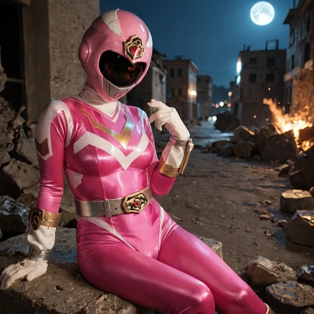 20yo, score_9, score_8_up, score_7_up, shiny oild skin,
sentaisaintforce, pink bodysuit, silver belt, white gloves, spandex, wing-shaped chest symbol, medium breasts, helmet removed, no headwear,
city ruin, rubble, sitting, night, explosion,
<lora:Saint_Force:0.8>