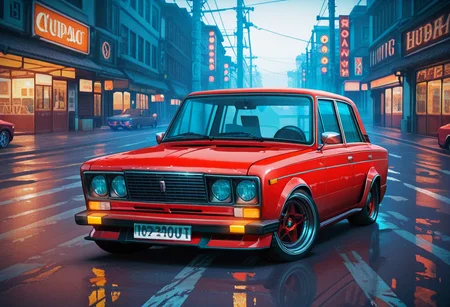 masterpiece, best quality, Graphic Design, color art, vibrant colors, colorful, intricate details, high contrast, detailed background, beautiful detailed, beautiful face, detailed eyes, detailed face, new, newest, zh1g4, no humans, vehicle focus, car, street, red car,